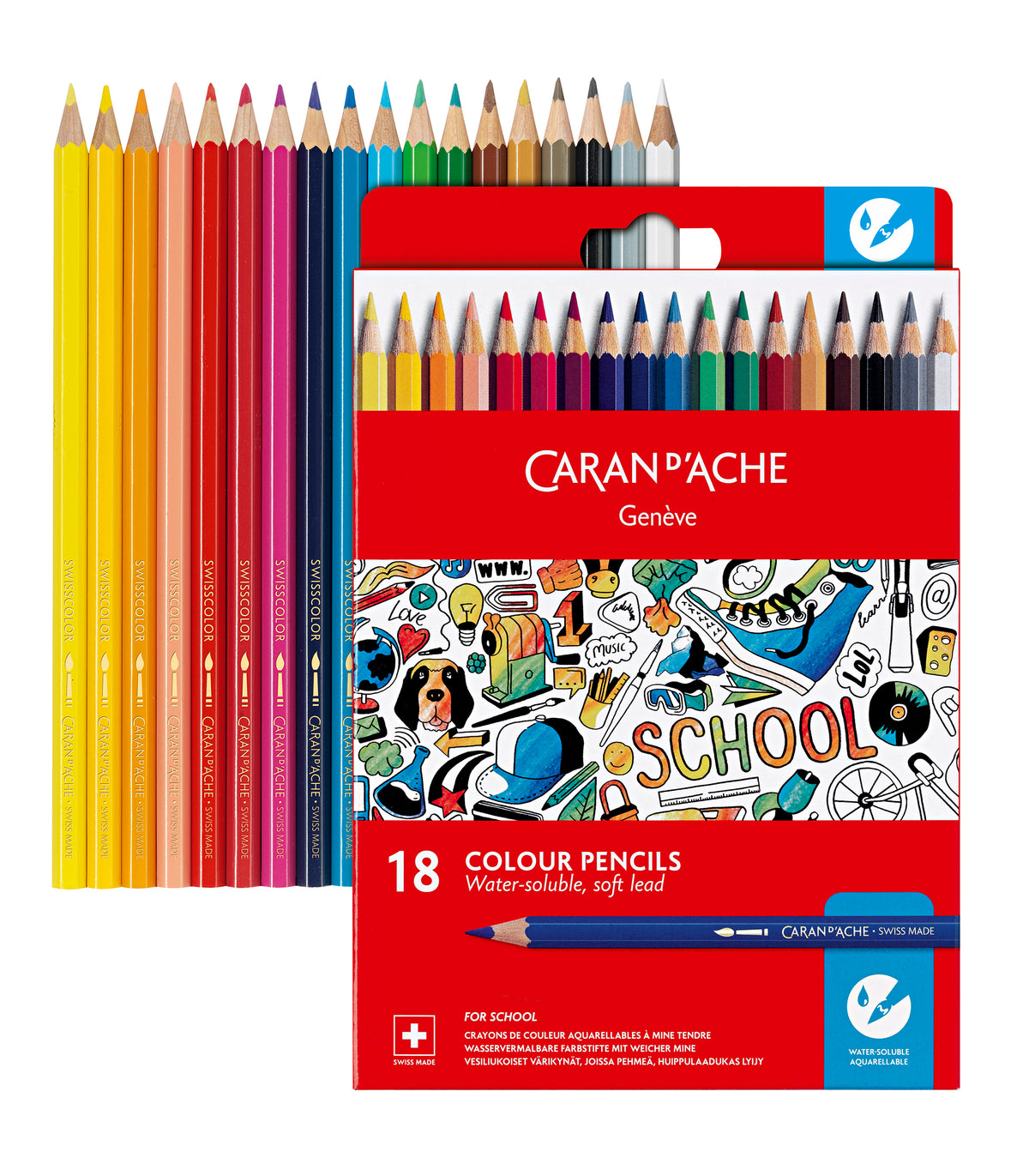 Caran d'Ache Water-Soluble Colour Pencils, 18 Shades Card Pack