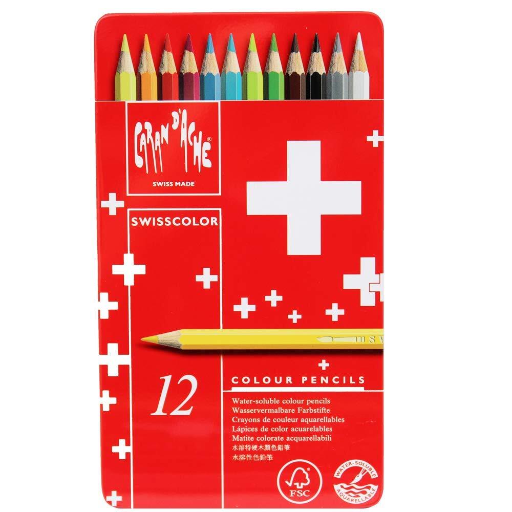 Caran d'Ache Swisscolor Aquarelle Pencils, 12 Shades Metal Box