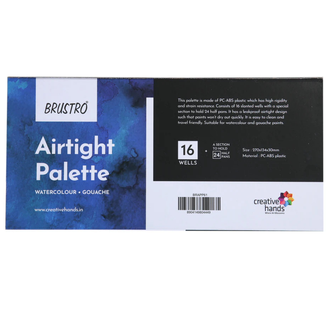 BRUSTRO Artists’ AIRTIGHT Palette 16 Wells for Watercolour and Gouache with a Special Section to Hold 24 Half Pans and a Removable Clear Tray