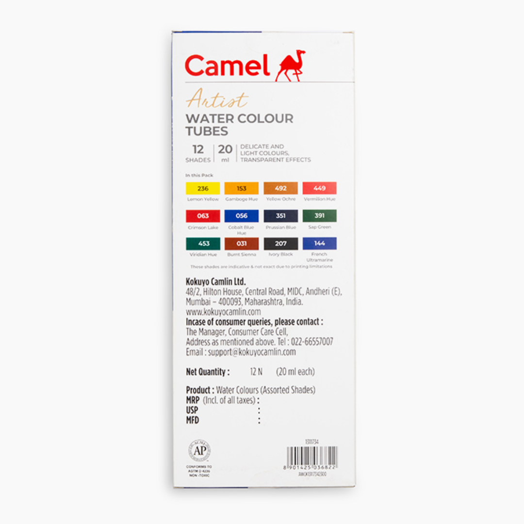Camel  Artist  Water  Colours  Assorted  pack  of  tubes,  12  shades  in  20  ml