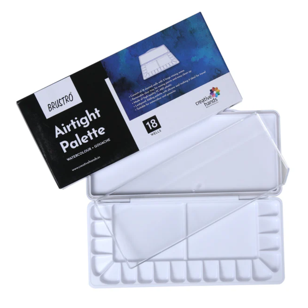 BRUSTRO Artists’ AIRTIGHT Palette 18 Wells for Watercolour and Gouache with a Removable Clear Tray