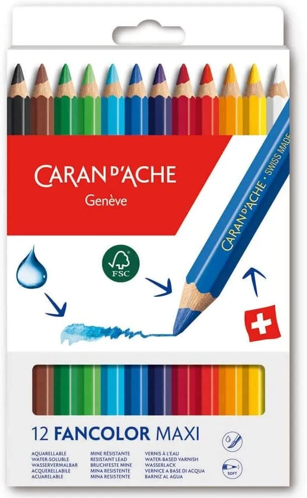 Caran d'Ache Fancolor Maxi Watercolour Pencils, 12 Shades