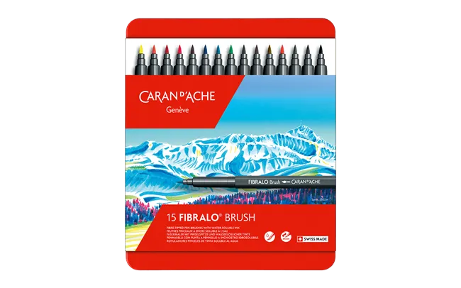 Caran d'Ache Fibralo Brush Markers, 15 Shades Metal Box