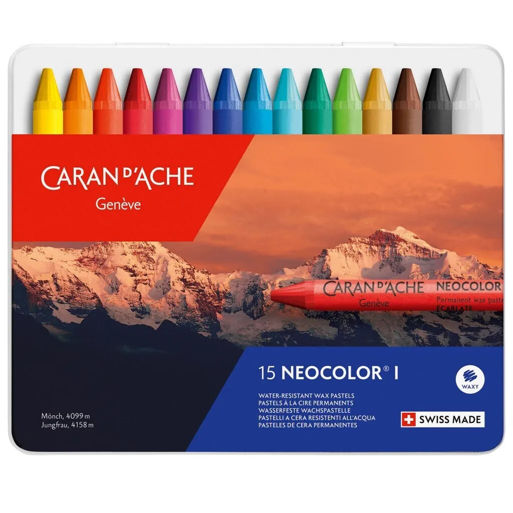 Caran d'Ache Neocolor I Wax Pastels, 15 Colours Metal Box