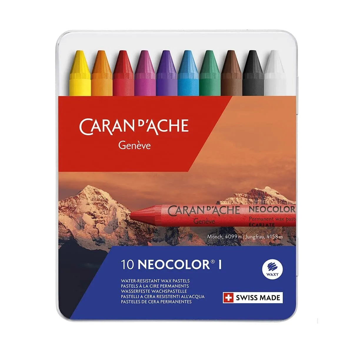 Caran d'Ache Neocolor I Wax Pastels, 10 Colours Metal Box
