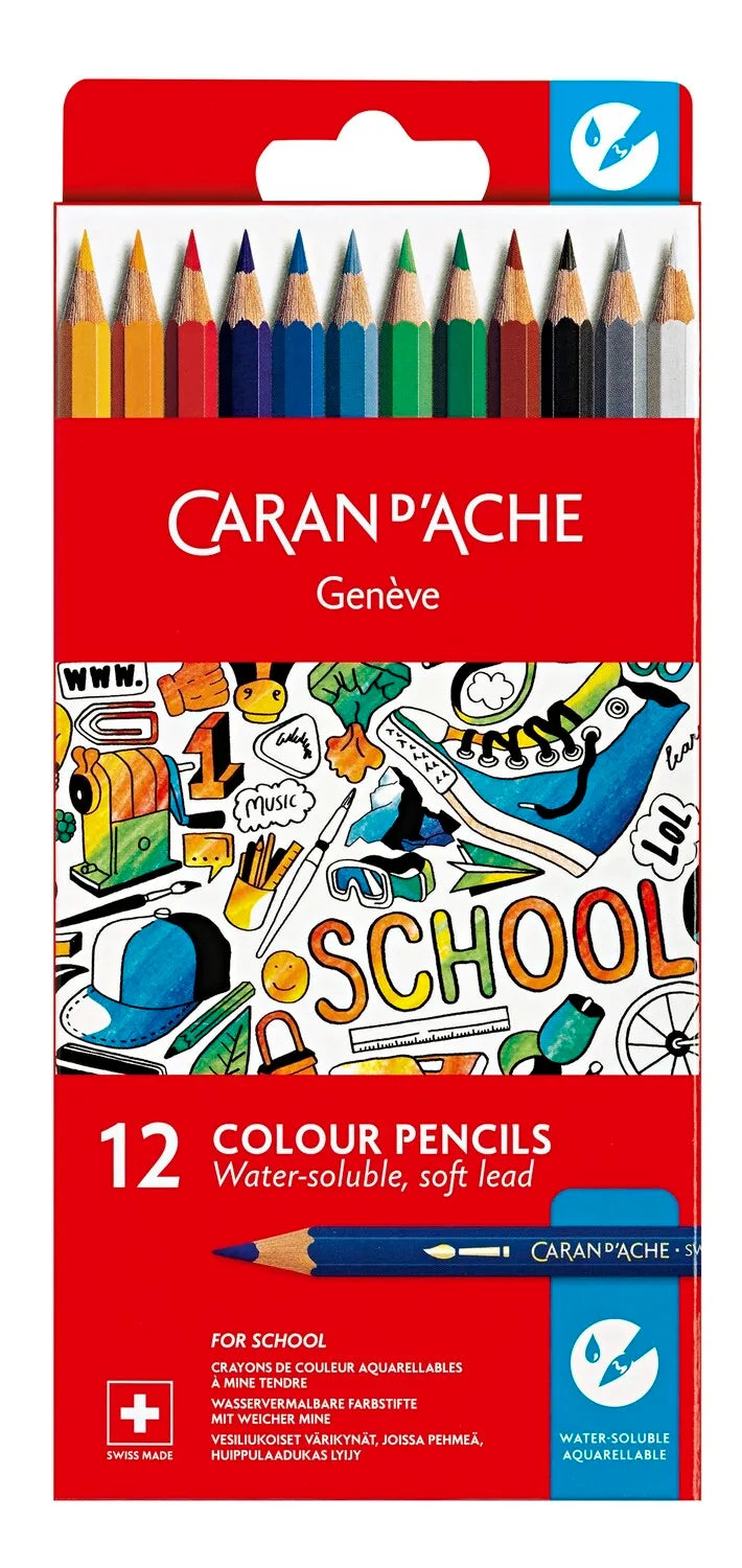 Caran d'Ache Water-Soluble Colour Pencils, 12 Shades Card Pack