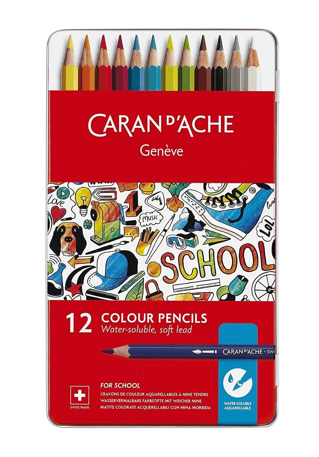 Caran d'Ache Water-Soluble Colour Pencils, 12 Shades Metal Box