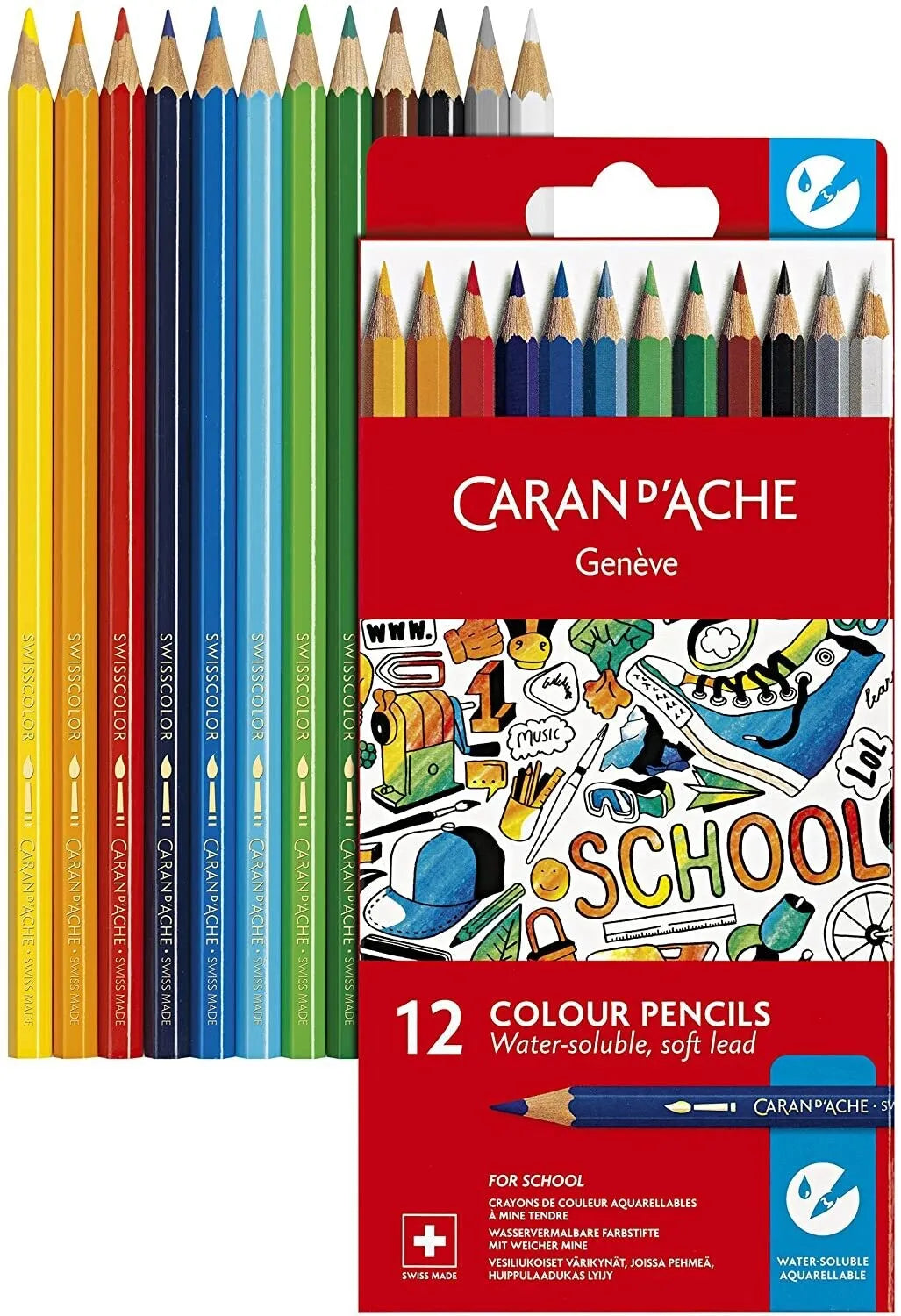 Caran d'Ache Water-Soluble Colour Pencils, 12 Shades Card Pack