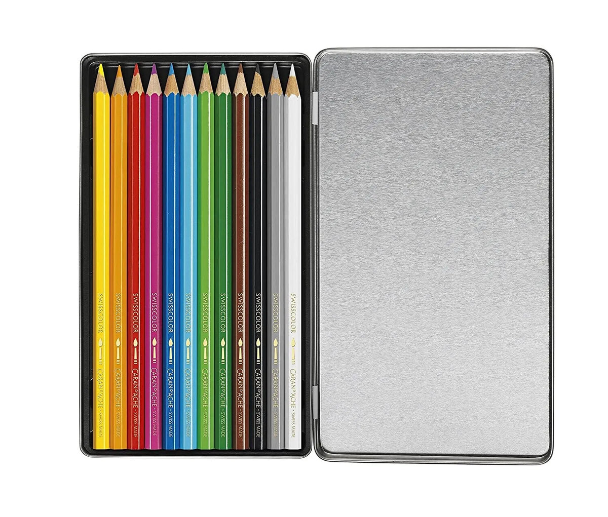 Caran d'Ache Water-Soluble Colour Pencils, 12 Shades Metal Box