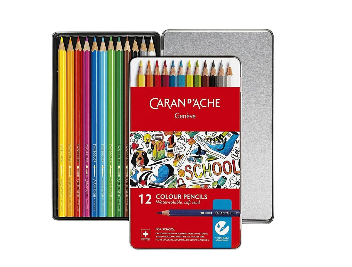 Caran d'Ache Water-Soluble Colour Pencils, 12 Shades Metal Box