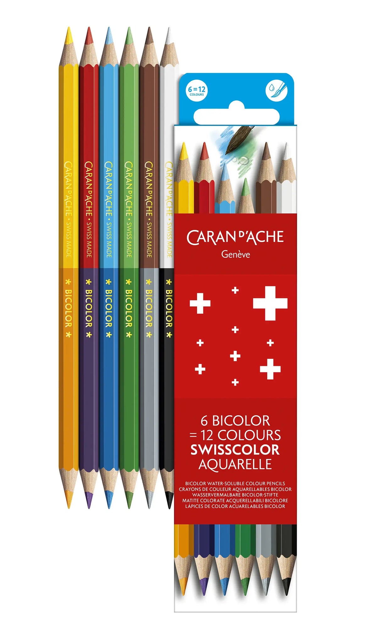 Caran d'Ache Swisscolor Aquarelle Bicolor, 6 Pencils (12 Colours)