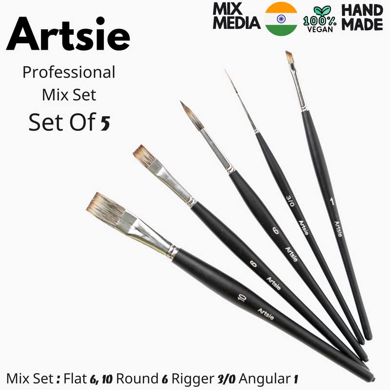 Stationerie' Professional Paint Brush Set for Acrylic, Watercolour, Oil, Fabric, Poster, Gouache, Mix Media Painting  5 Assorted Brushes (Mix Media Vegan Bristle)