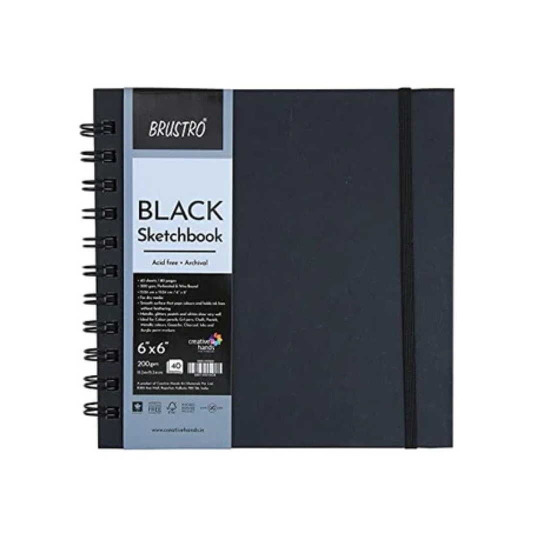 Brustro Black Sketchbook, Wiro Bound, Size 6" x 6" Inches, 200GSM (40 Sheets) 80 Pages
