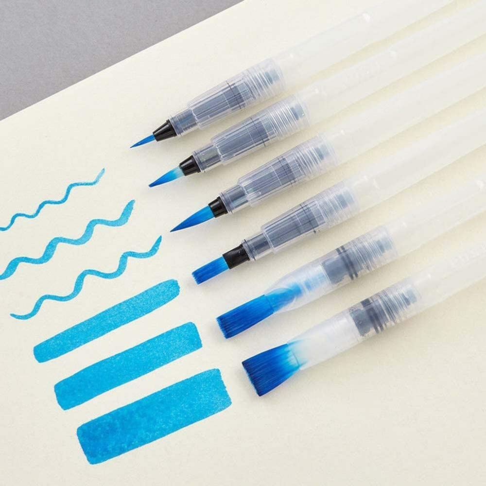 Stationerie Water Brush Pens Set Of 6 Different Sizes (3 Round Tips And 3 Flat) Both In Fine, Medium & Large   Great For Watercolor Paints, Illustrations, Calligraphy, Markers   Multicolor