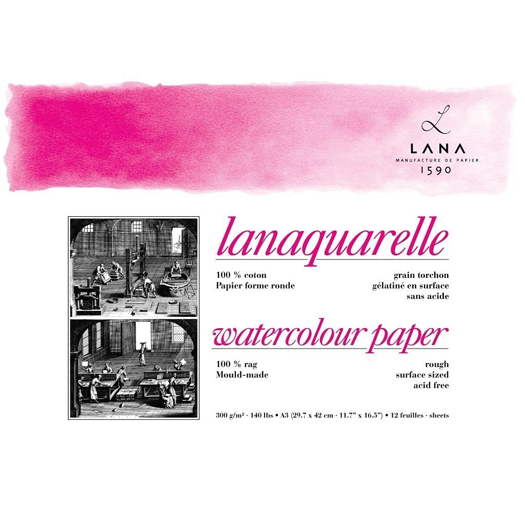 Lana Artists' Watercolour   Lanaquarelle   A4 (21 cm x 29.7 cm) Natural White Smooth / ROUGH Press 300 GSM Paper, Short Side Glued Pad of 12 Sheets
