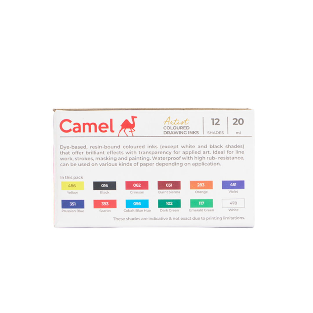 Camel Coloured Drawing Inks Assorted pack of 12 shades in 20 ml
