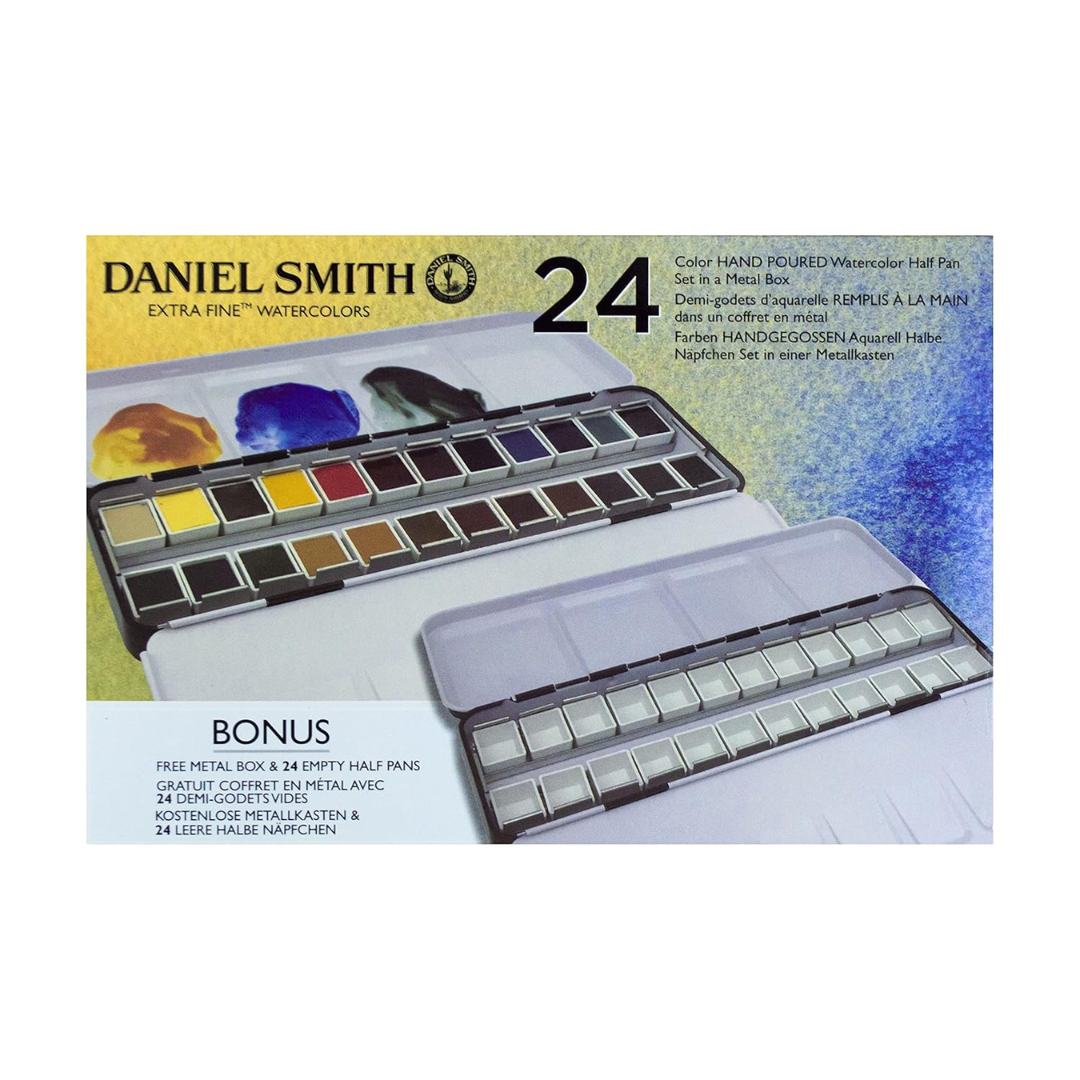 Daniel Smith 24 Color Hand Poured Watercolor Half Pan Set in a Metal Box