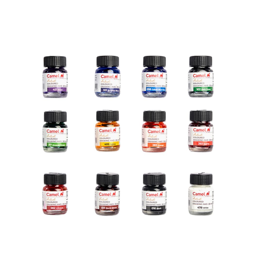 Camel Coloured Drawing Inks Assorted pack of 12 shades in 20 ml