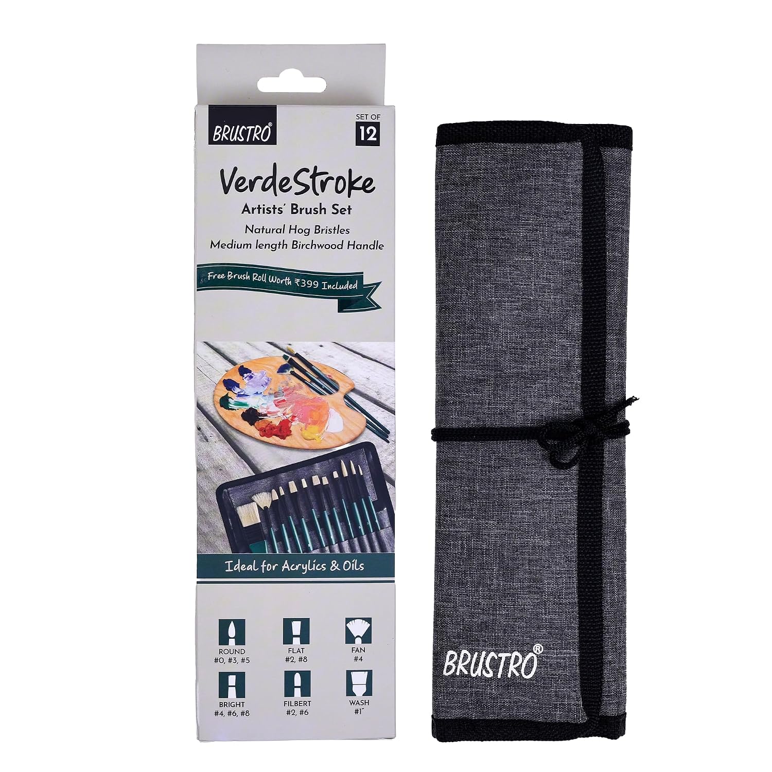 BRUSTRO Artists’ VerdeStroke Brush Set of 12 with Free Brush Roll
