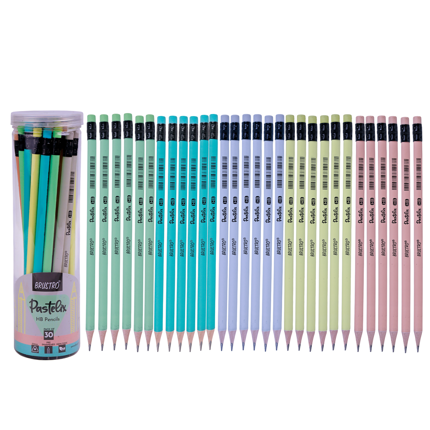 Brustro Pastelix HB Pencils|Pack of 30 (5 Colours x 6 Pencils), 2.2mm Lead With Latex free Rubber,Pre-Sharpened