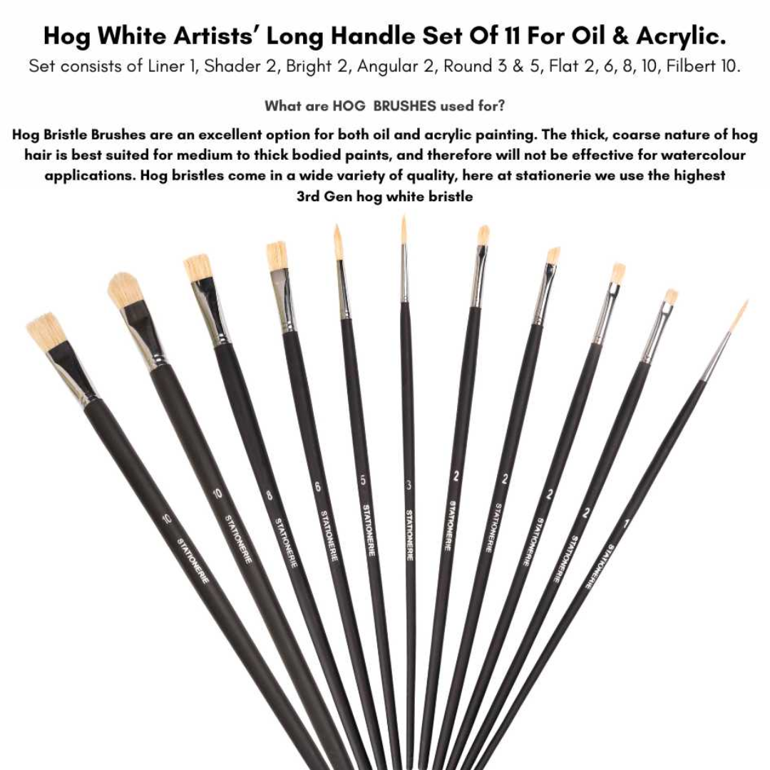 Stationerie Artists’ Mix Hog White Brush Set Of 11, Long Handle 11.5”