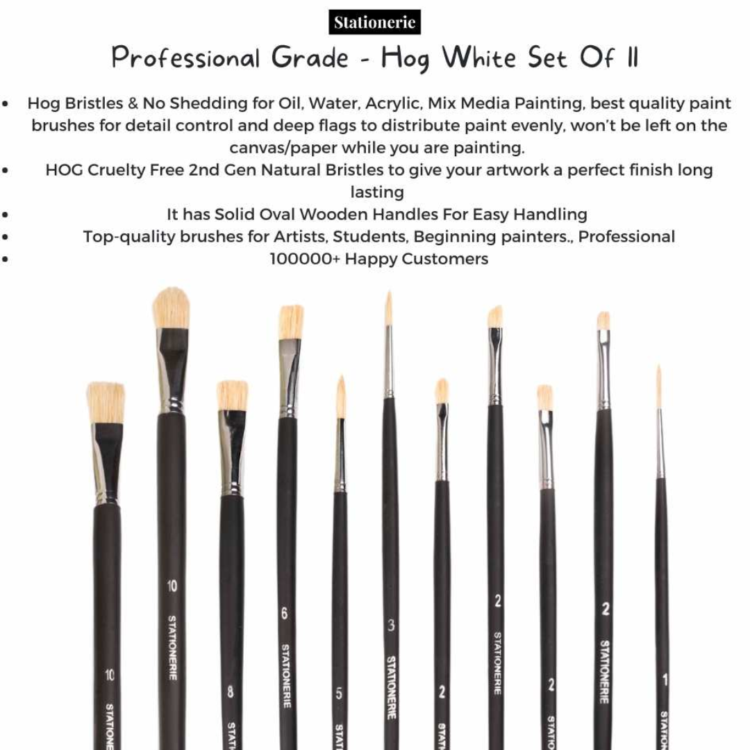 Stationerie Artists’ Mix Hog White Brush Set Of 11, Long Handle 11.5”