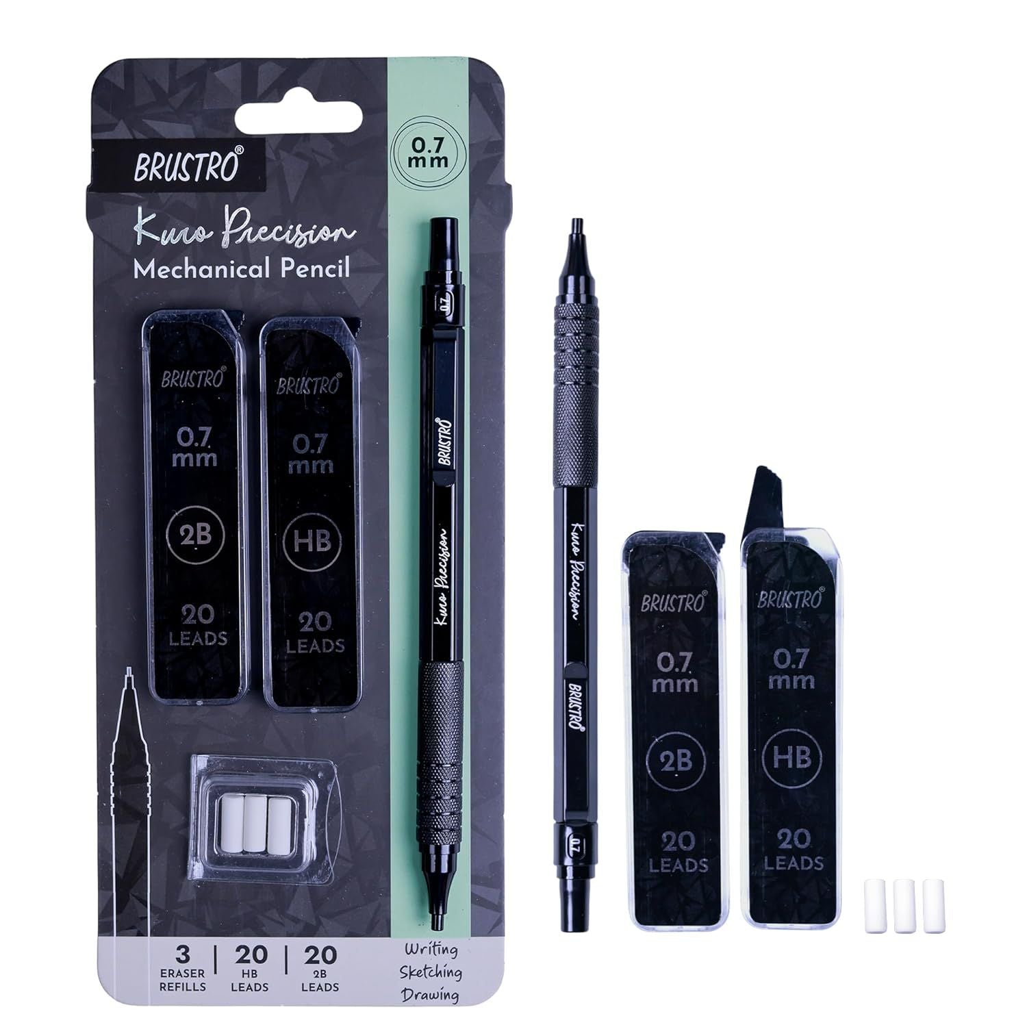 Brustro Kuro Precision Mechanical Pencil | Tip Size - 0.7mm With 20 - HB and 20 - 2B leads , 3 Eraser Refills