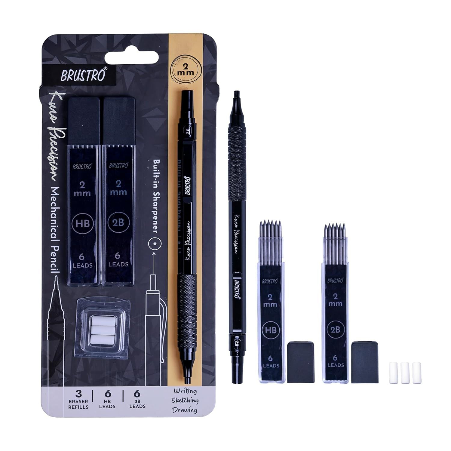 Brustro Kuro Precision Mechanical Pencil |Tip Size- 2mm With 6- HB and 6- 2B Leads , Built-in-Sharpener, 3 Eraser Refill