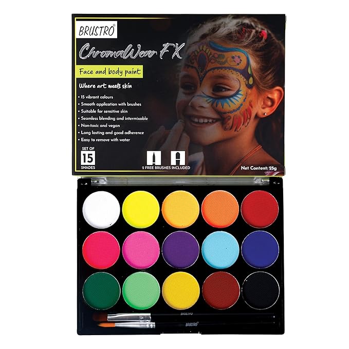 Brustro ChromaWear FX Face & Body Paint| 25g,Set of 15 Vibrant Shades|Includes 2 Free Brushes,Skin-Safe,Non-Toxic,Vegan|Face Art,Cosplay,Festivals and Stage Play for Adult and Kids (Above 3 Years old)