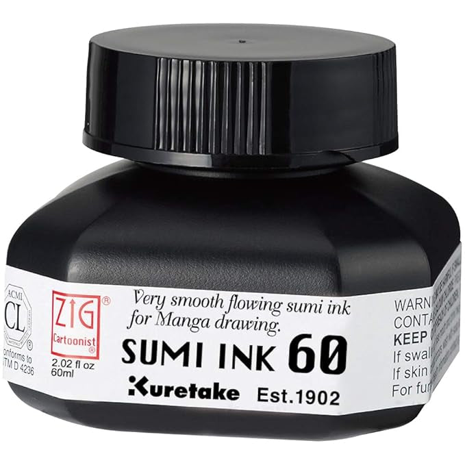 ZIG KURETAKE Cartoonist SUMI Ink 60 ML Black for dip Pen Brush, Artist Ideal for Illustration Lettering Drawing Writing outlining on Bright and Dark Colored Papers AP-Certified, Made in Japan