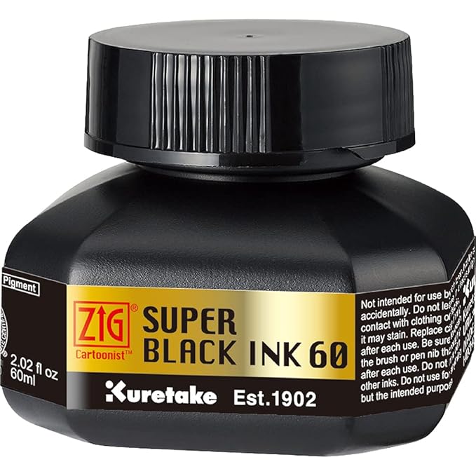 ZIG KURETAKE Cartoonist Super Black Ink 60 ML for Dip Pen, Calligraphy, Lettering, Illustration, Drawing, Inking Art, Cartooning, Professional Quality for Artist and Beginners, Made in Japan