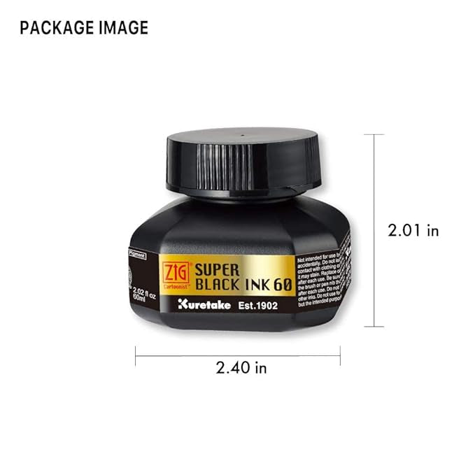 ZIG KURETAKE Cartoonist Super Black Ink 60 ML for Dip Pen, Calligraphy, Lettering, Illustration, Drawing, Inking Art, Cartooning, Professional Quality for Artist and Beginners, Made in Japan