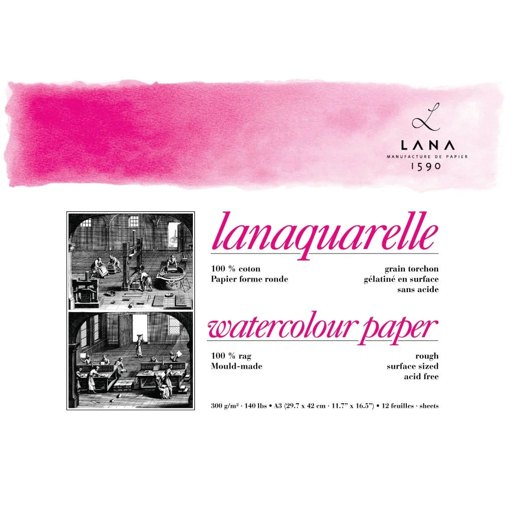 LANA ARTISTS' WATERCOLOUR   LANAQUARELLE   A3 (29.7 CM X 42 CM) NATURAL WHITE ROUGH GRAIN 300 GSM PAPER, SHORT SIDE GLUED PAD OF 12 SHEETS