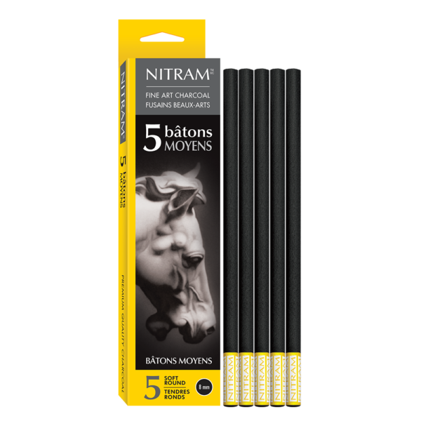 Nitram Bâtons Moyens Extra Soft Round Charcoal 8mm - Box of 5 (700301)