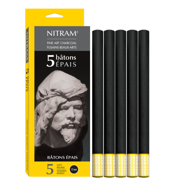 Nitram Bâtons Épais Extra Soft Round Charcoal 12mm - Box of 5 (700302)