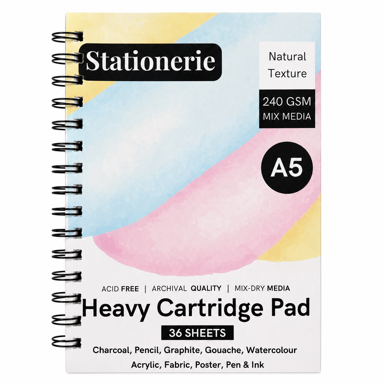 Stationerie Heavy Cartridge Pad A5, 240 GSM mixed-media paper, 36 sheets