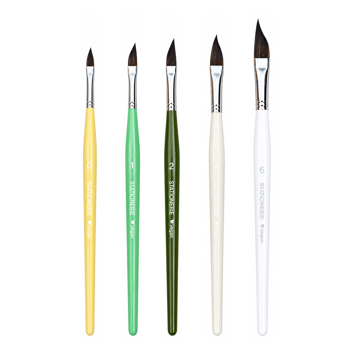 Stationerie Petal Set of 5 brushes, labeled sizes 0, 1, 2, 4 and 6, on a white background