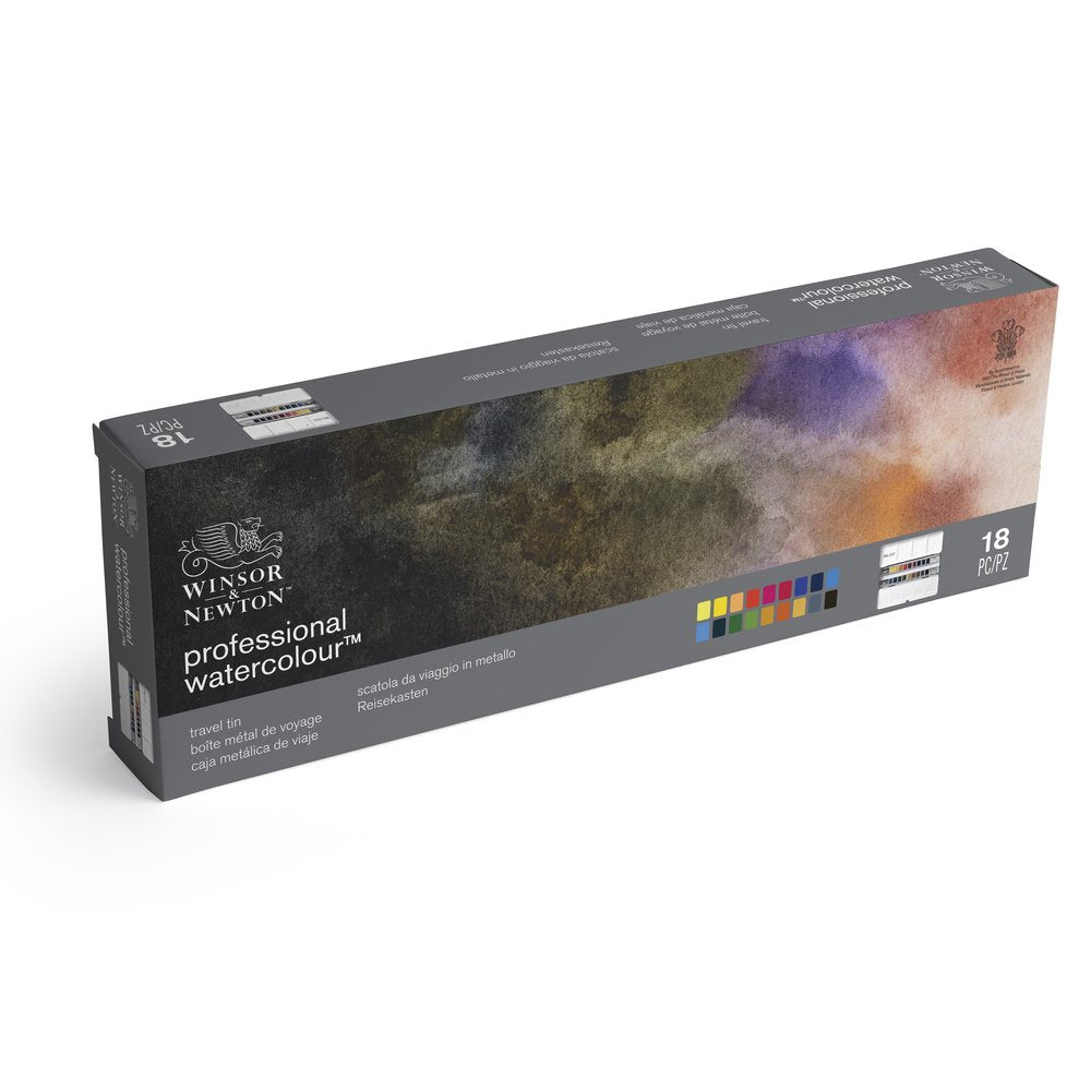 Winsor & Newton Professional Watercolour Travel Tin 18 Half Pans - angled view