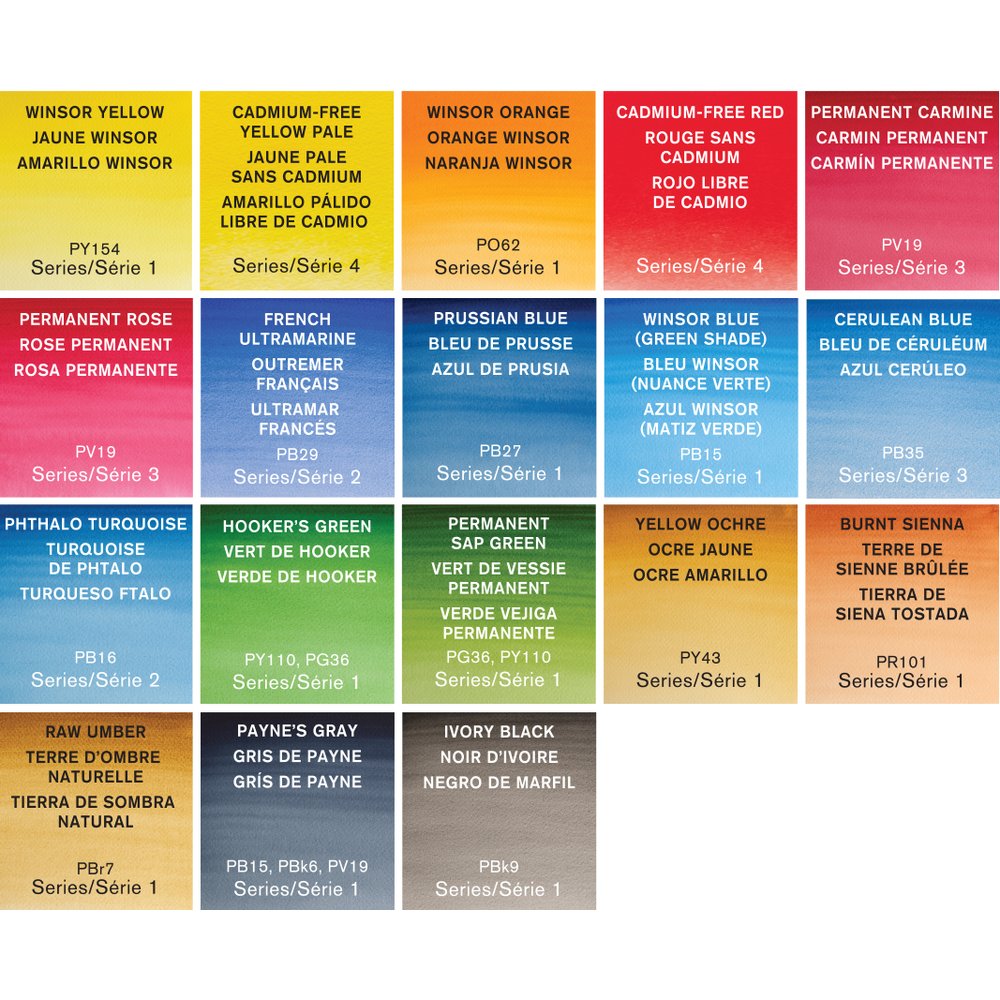 Winsor & Newton Professional Watercolour Travel Tin 18 Half Pans - colour swatches