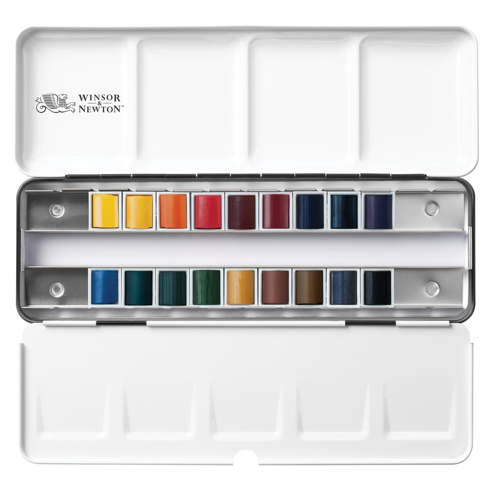 Winsor & Newton Professional Watercolours Travel Tin 18 Half Pans - open set