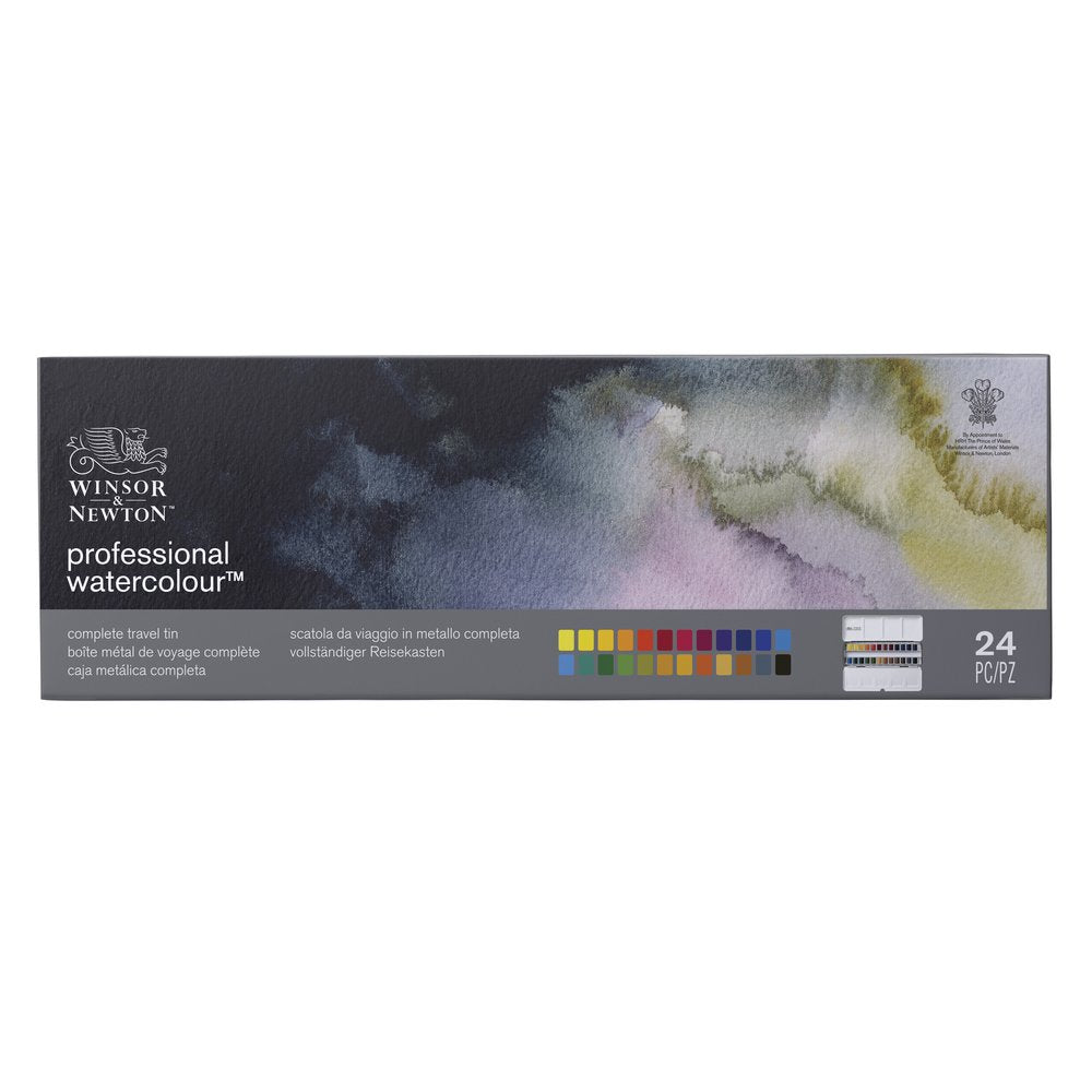 Winsor & Newton Professional Water Colour Complete Travel Tin 24 Half Pans - front