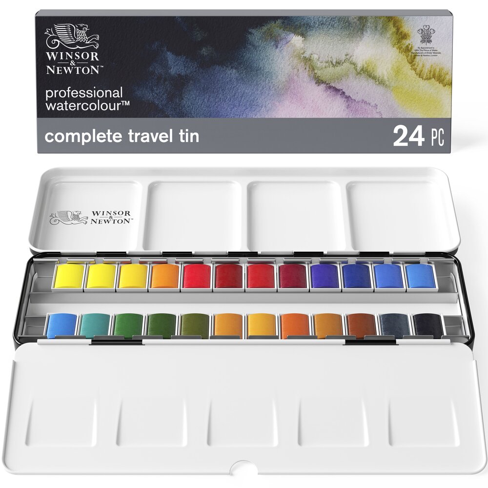 Winsor & Newton Professional Water Colour Complete Travel Tin 24 Half Pans - open