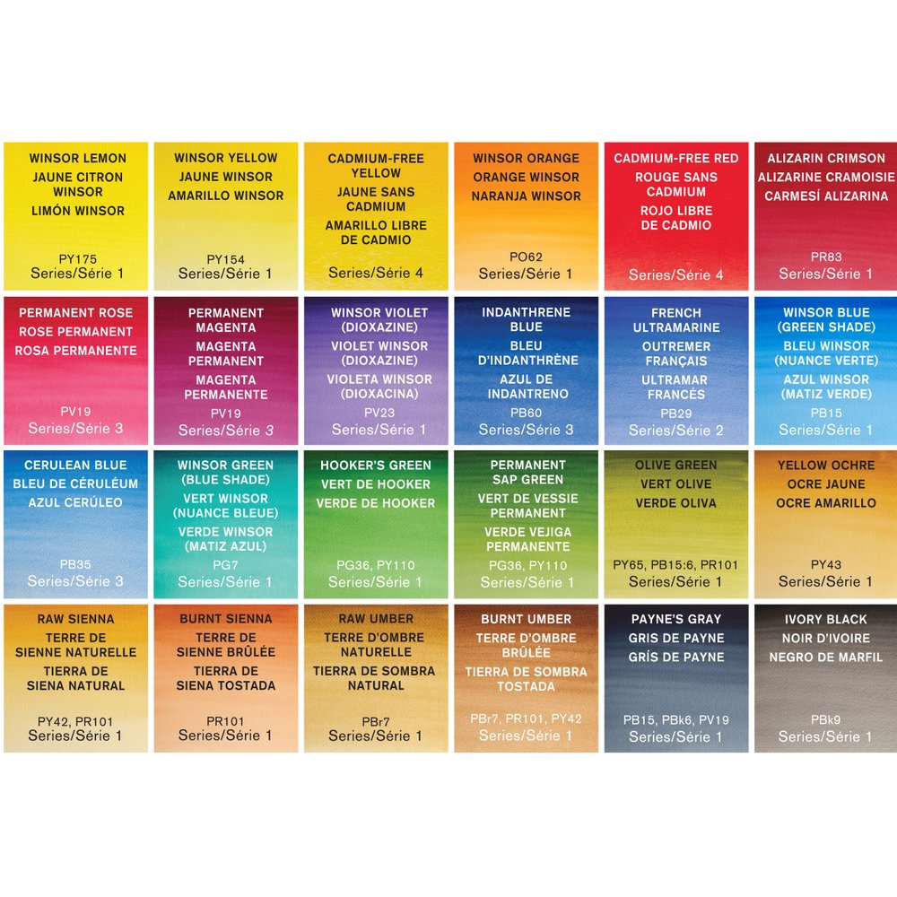 Winsor & Newton Professional Watercolour Lightweight Sketchers' Box 24 Half Pans - colour swatches