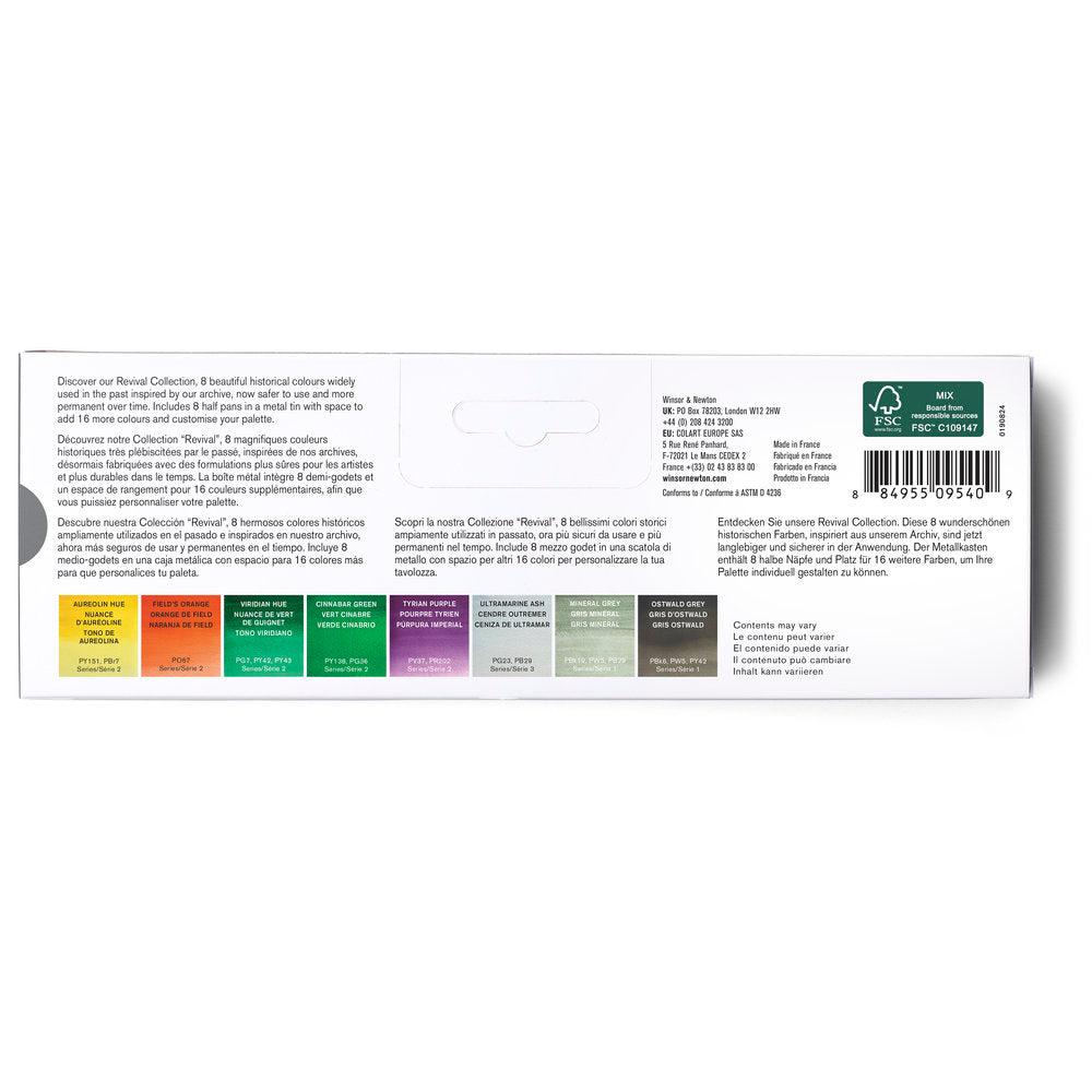 Winsor & Newton Professional Watercolour Revival Collection 8 Half Pans - back packaging